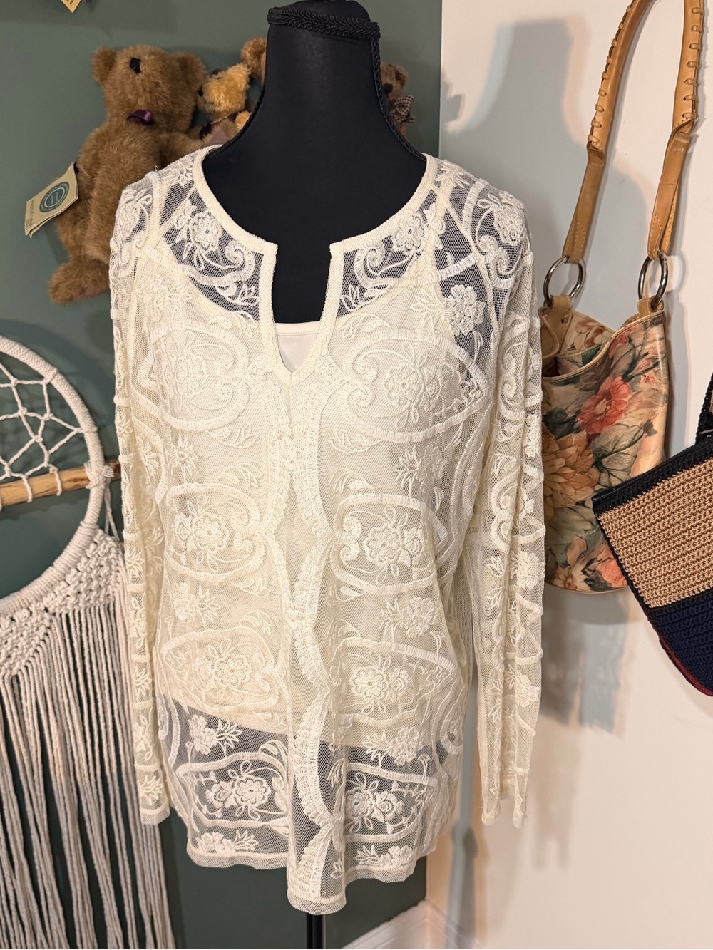 INC International Concepts Sheer Embroidered Lace Tunic Top Medium